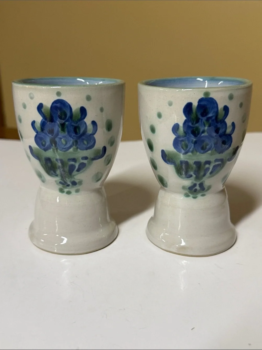 MA Hadley Pottery Egg Cups Blueberry Bouquet Hand Painted
